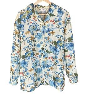 Vintage STUNT 100% Silk Floral Button Down Shirt Blue Beige Medium cottagecore